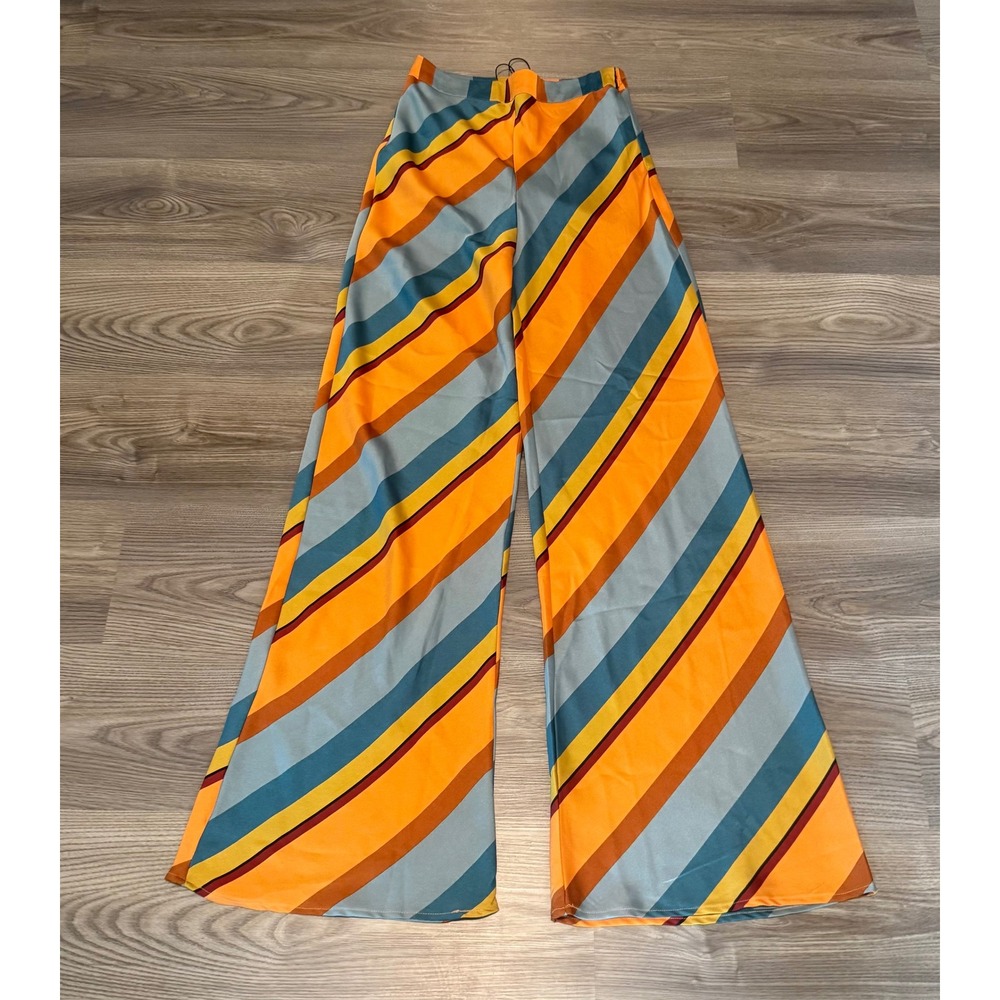 Mustard Seed Women's Orange Blue Striped Wide Leg Satin Pants Size Small NWT